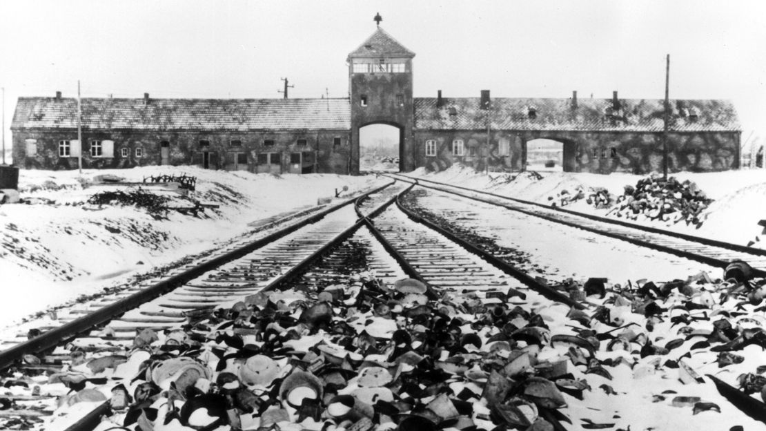 The belongings of those deported to the camp on the train tracks leading to Auschwitz, circa 1945.