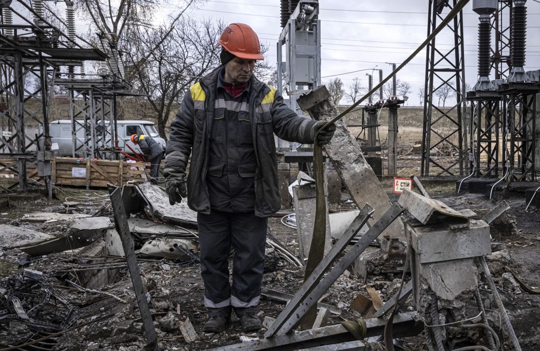 Workers repair infrastructure in a power station that was damaged by a Russian air attack in October, on November 4, 2022 in Kyiv region, Ukraine.