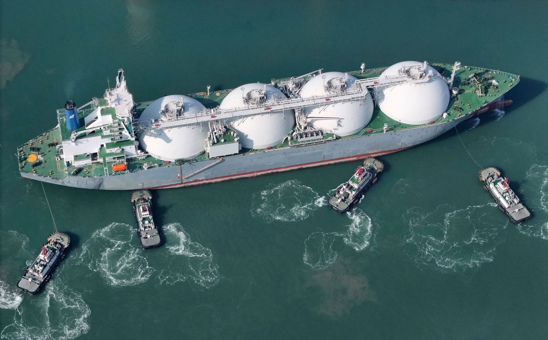 A tanker carrying liquefied natural gas sails into a port eastern China's Shandong province last month.