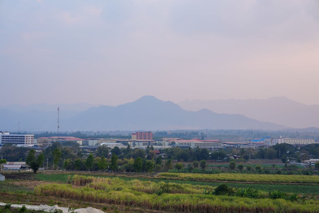 Scam compounds in Myanmar can be seen in this picture taken across the border in Mae Sot, Thailand, in February 2025.