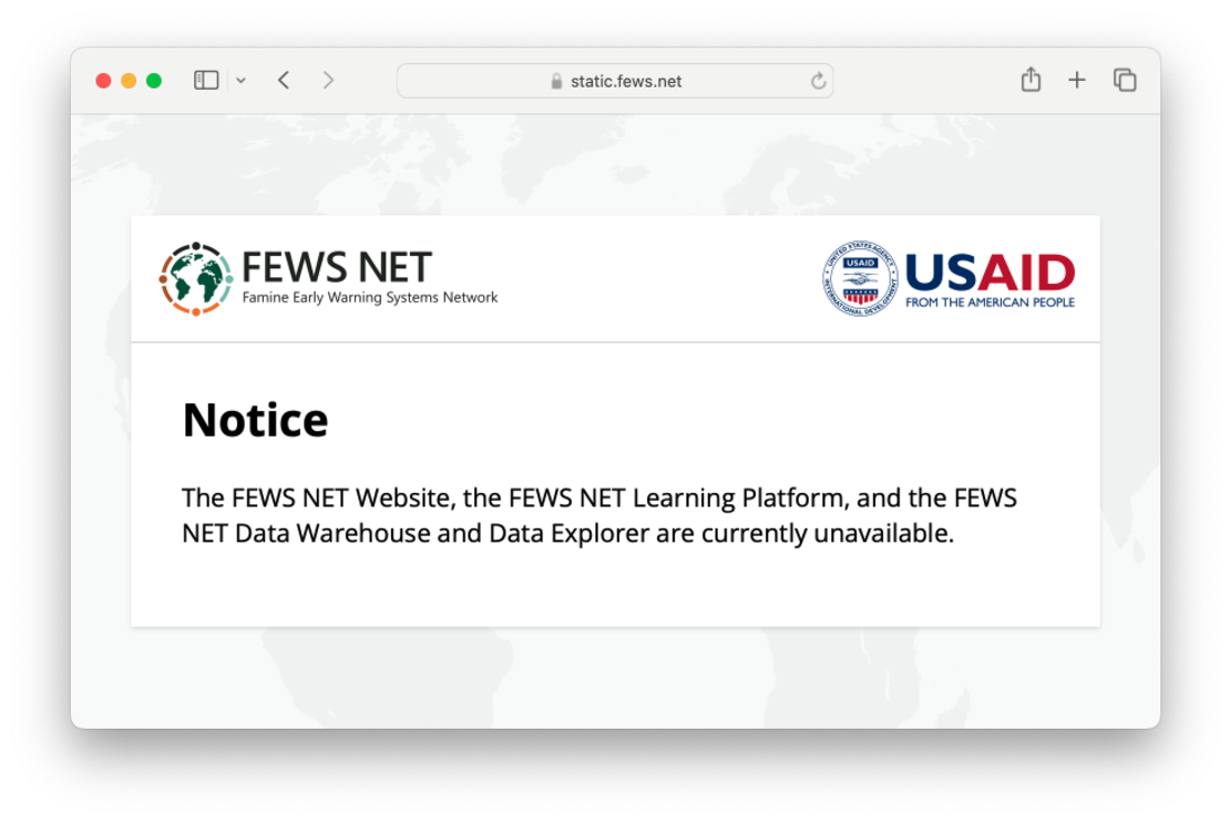 This screenshot shows Famine Early Warning Systems Network (FEWS NET) website on March 6, 2025.