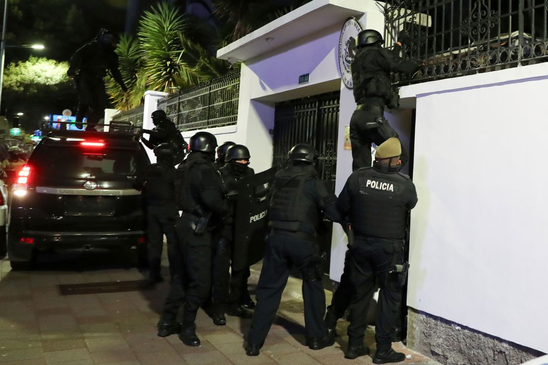 Police break into the Mexican embassy in Quito, Ecuador, on April 5, 2024.