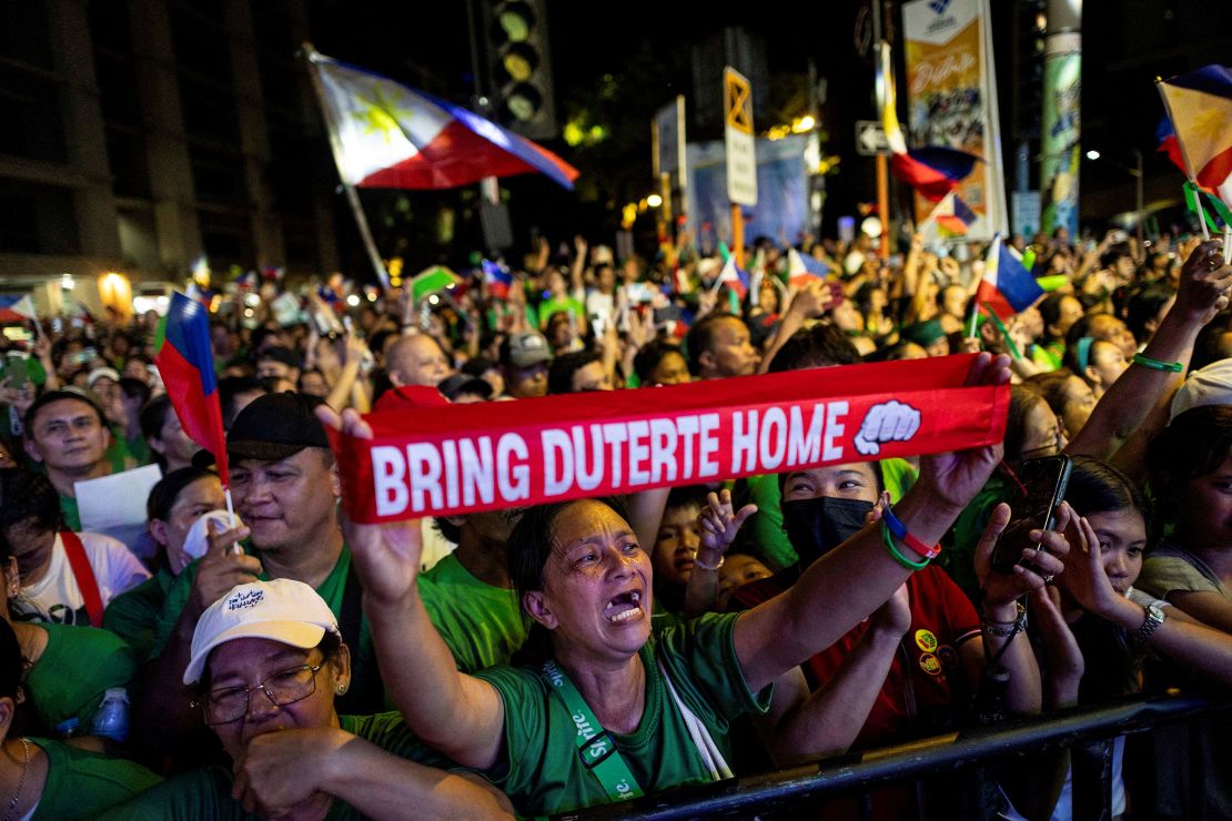 Supporters of detained former Philippine President Duterte chant his name during a solidarity rally on his birthday, in Davao City, Philippines, March 28, 2025.